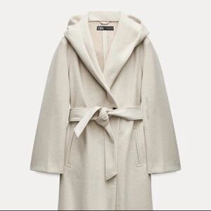 Zara Off-White Hooded Belted Coat